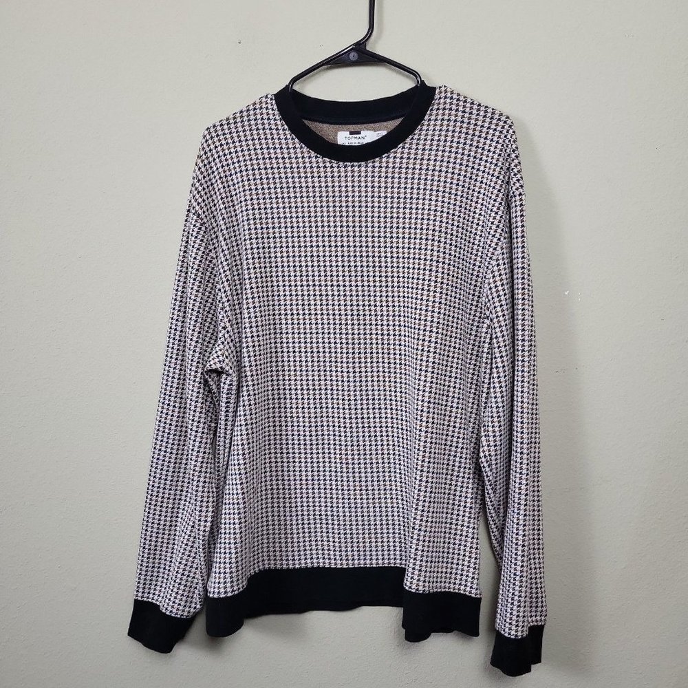 Topman Men's Size L Pullover Crewneck Sweater Black And Gold Houndstooth Print